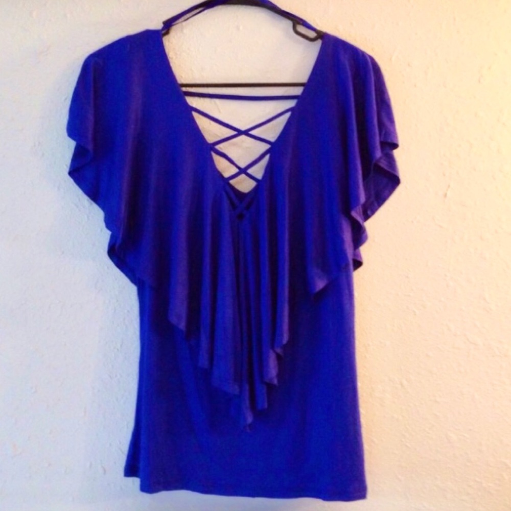 NWT Ruffled Cobalt Lace Up Blouse - Picture 1 of 4